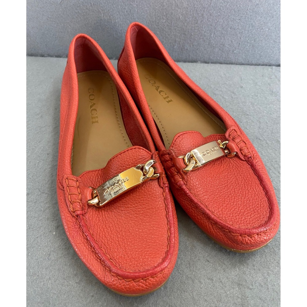 Coach Olive Pebble Leather Loafers Coral Orange‎ Gold Hardware A7751 Size 6.5B